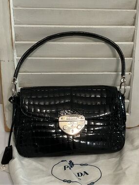 Prada Black Croc-Embossed Leather Top-Handle Bag